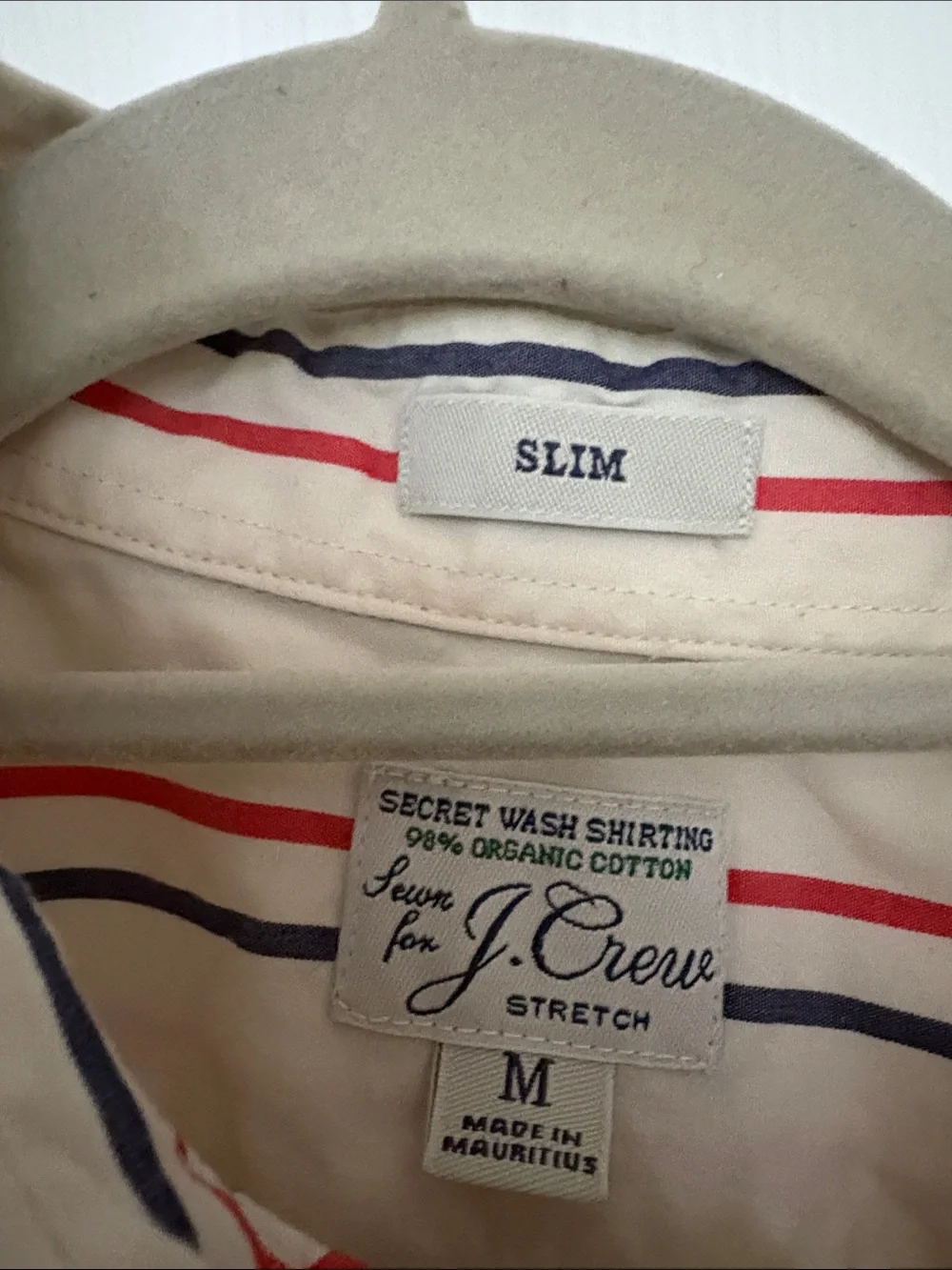 J. Crew Cream Short-Sleeve Button-Down with Red & Navy Stripes Organic Cotton